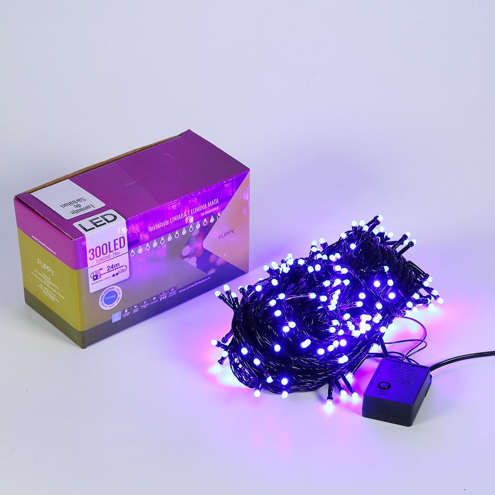 Instalatie de Craciun Flippy® Tip Liniara, Fir Negru, 24 m, 300 LED-uri Mici Rotunde, Interconectabila, Albastru
