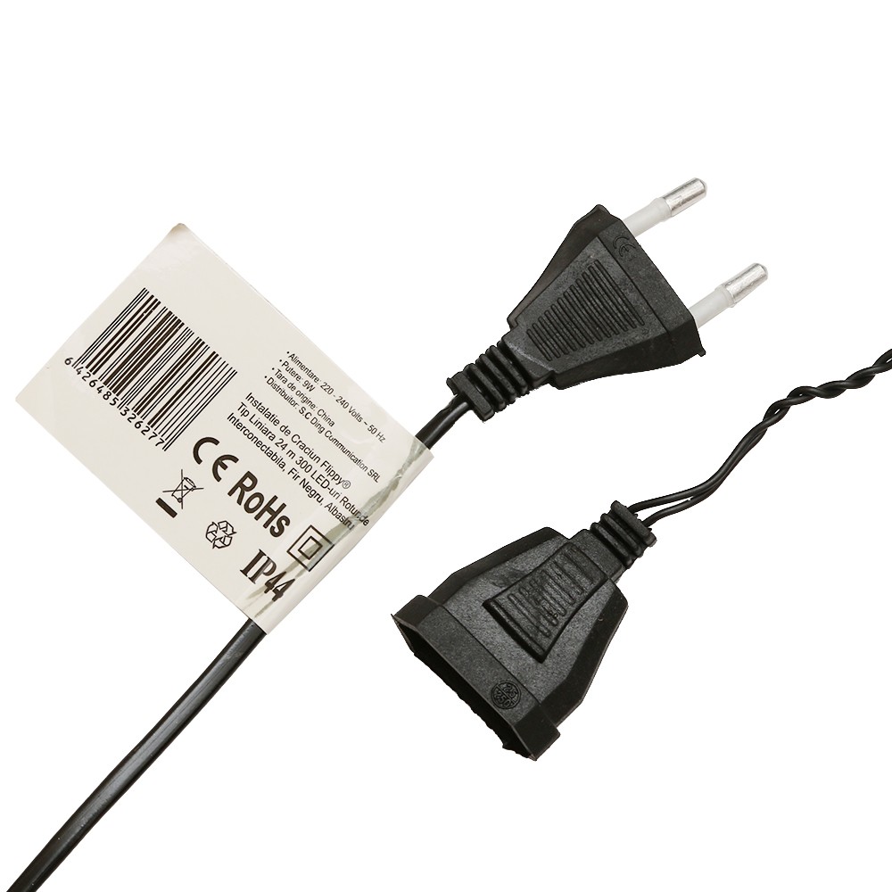 Instalatie de Craciun Flippy® Tip Liniara, Fir Negru, 24 m, 300 LED-uri Mici Rotunde, Interconectabila, Albastru
