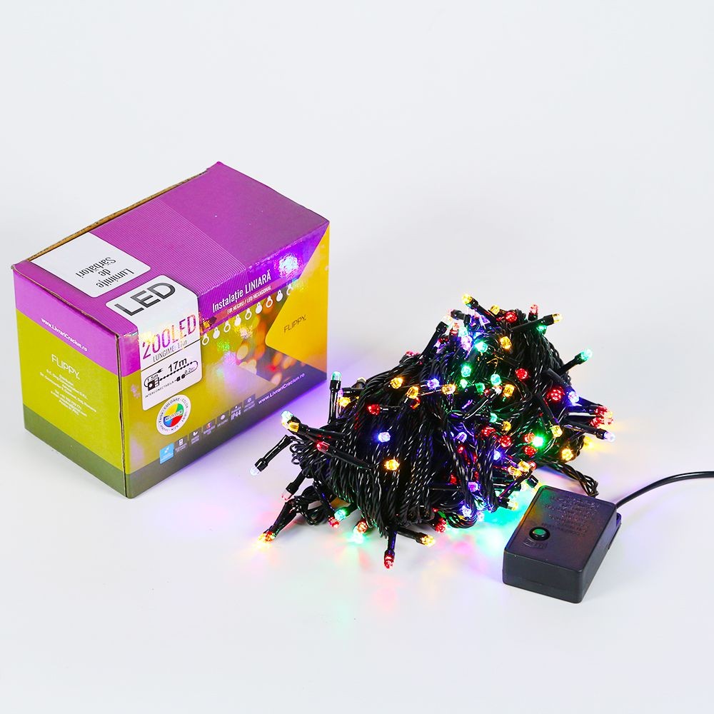 Instalatie de Craciun Flippy® Tip Liniara, 17 m, 200 LED-uri Hexagonale, Interconectabila, Multicolor
