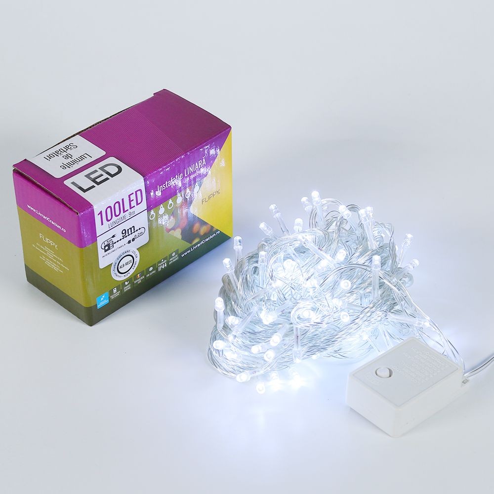 Instalatie de Craciun, Flippy®, Tip Liniara, 9 m, 100 LED-uri, Interconectabila, Alb Rece