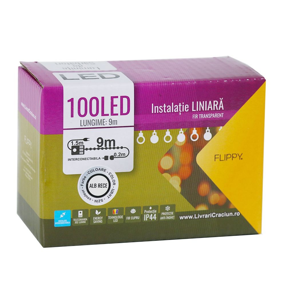 Instalatie de Craciun, Flippy®, Tip Liniara, 9 m, 100 LED-uri, Interconectabila, Alb Rece