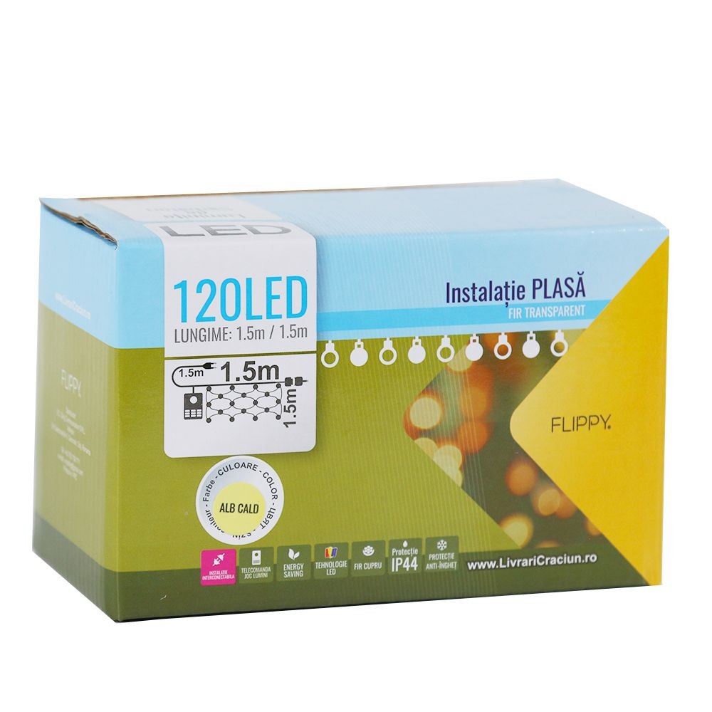 Instalatie de Craciun, Flippy®, Tip Plasa, 1.5 x 1.5 m, 120 LED-uri, Interconectabila, Alb Cald