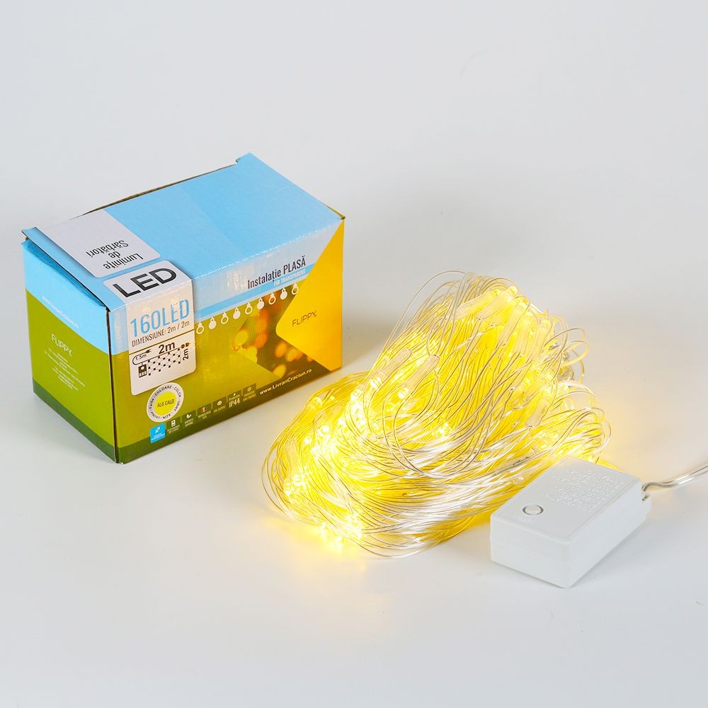 Instalatie de Craciun Flippy® Tip Plasa, Fir Transparent, 2 x 2 m, 160 LED-uri, Interconectabila, Alb Cald