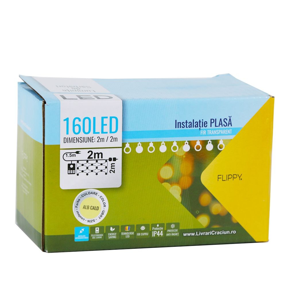 Instalatie de Craciun Flippy® Tip Plasa, Fir Transparent, 2 x 2 m, 160 LED-uri, Interconectabila, Alb Cald