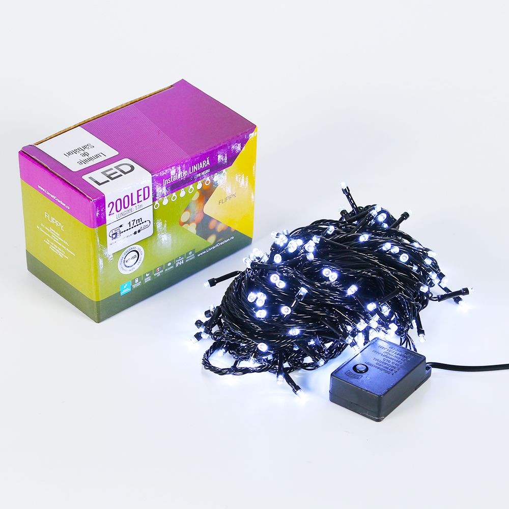 Instalatie de Craciun Flippy® Tip Liniara, Fir Negru, 17 m, 200 LED-uri, Interconectabila, Alb Rece