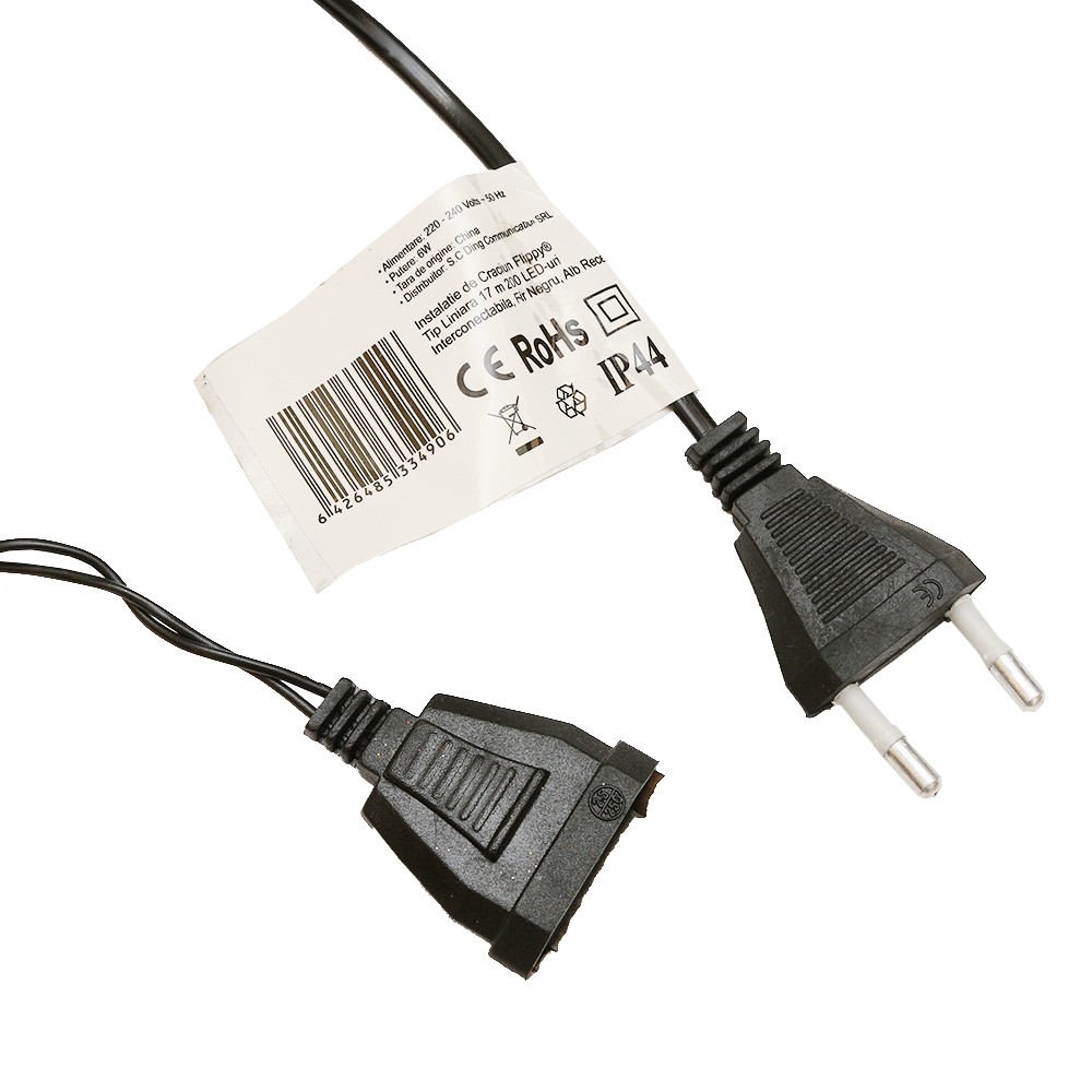 Instalatie de Craciun Flippy® Tip Liniara, Fir Negru, 17 m, 200 LED-uri, Interconectabila, Alb Rece