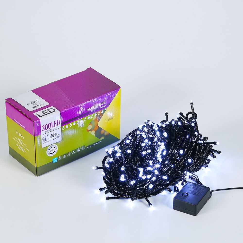 Instalatie de Craciun Flippy® Tip Liniara, Fir Negru, 24 m, 300 LED-uri, Interconectabila, Alb Rece
