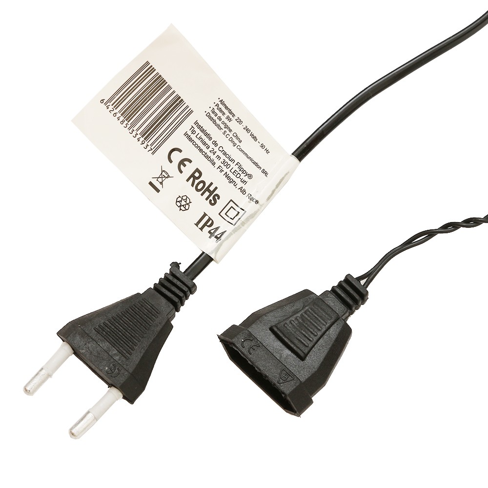 Instalatie de Craciun Flippy® Tip Liniara, Fir Negru, 24 m, 300 LED-uri, Interconectabila, Alb Rece