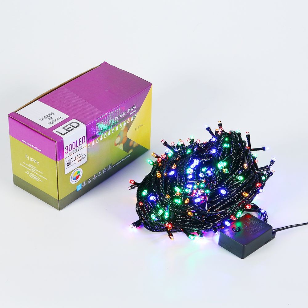Instalatie de Craciun Flippy® Tip Liniara, Fir Negru, 24 m, 300 LED-uri, Interconectabila, Multicolor