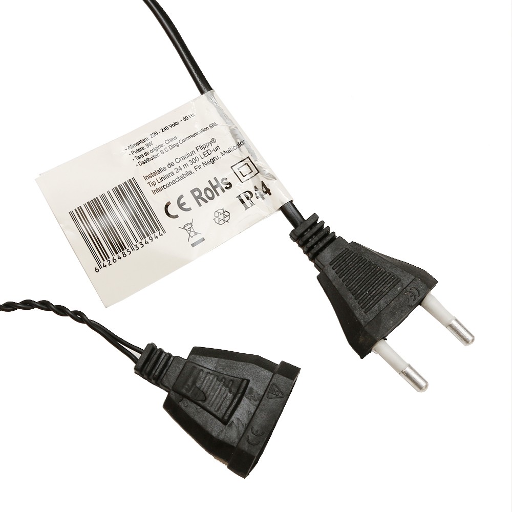 Instalatie de Craciun Flippy® Tip Liniara, Fir Negru, 24 m, 300 LED-uri, Interconectabila, Multicolor