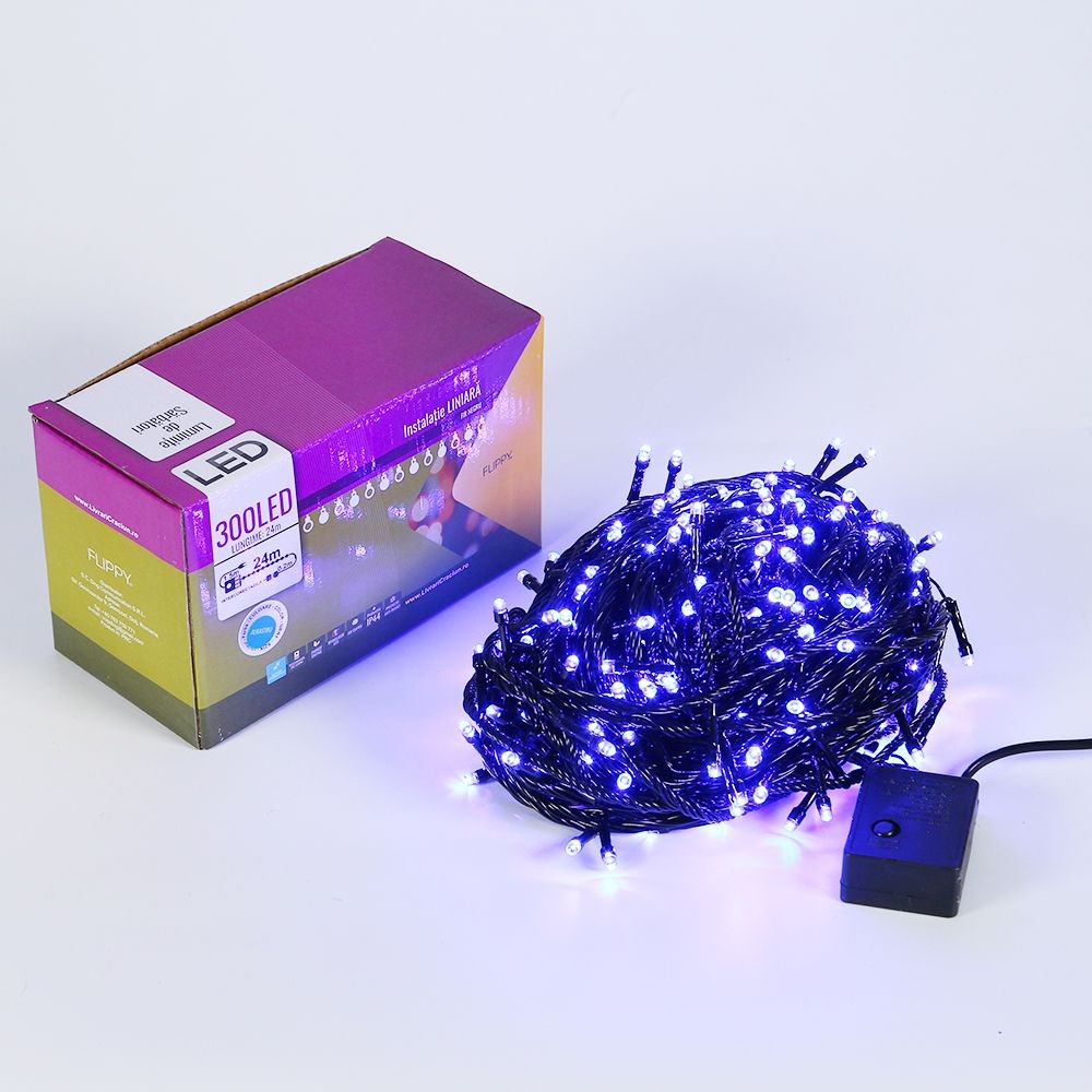 Instalatie de Craciun Flippy® Tip Liniara, Fir Negru, 24 m, 300 LED-uri, Interconectabila, Albastru