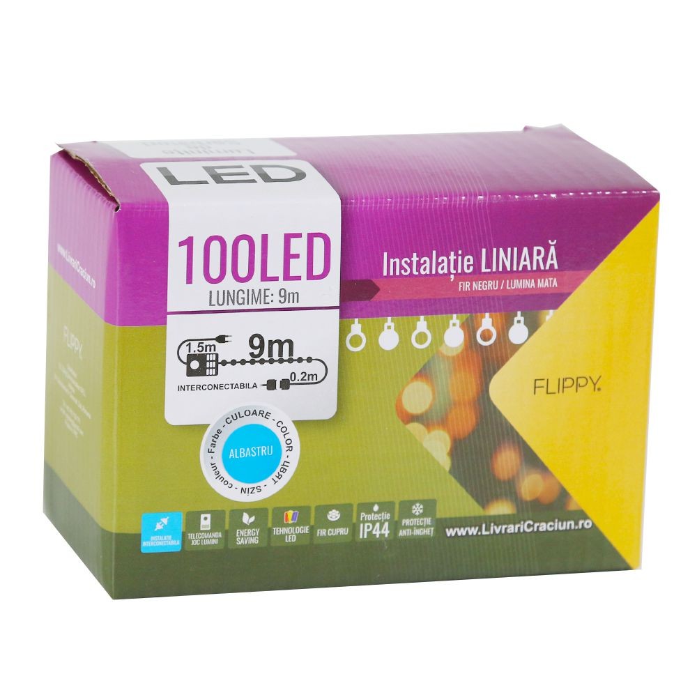 Instalatie de Craciun, Flippy®, Tip Liniara, 9 m 100 LED-uri, Interconectabila, Lumina Mata, Albastru