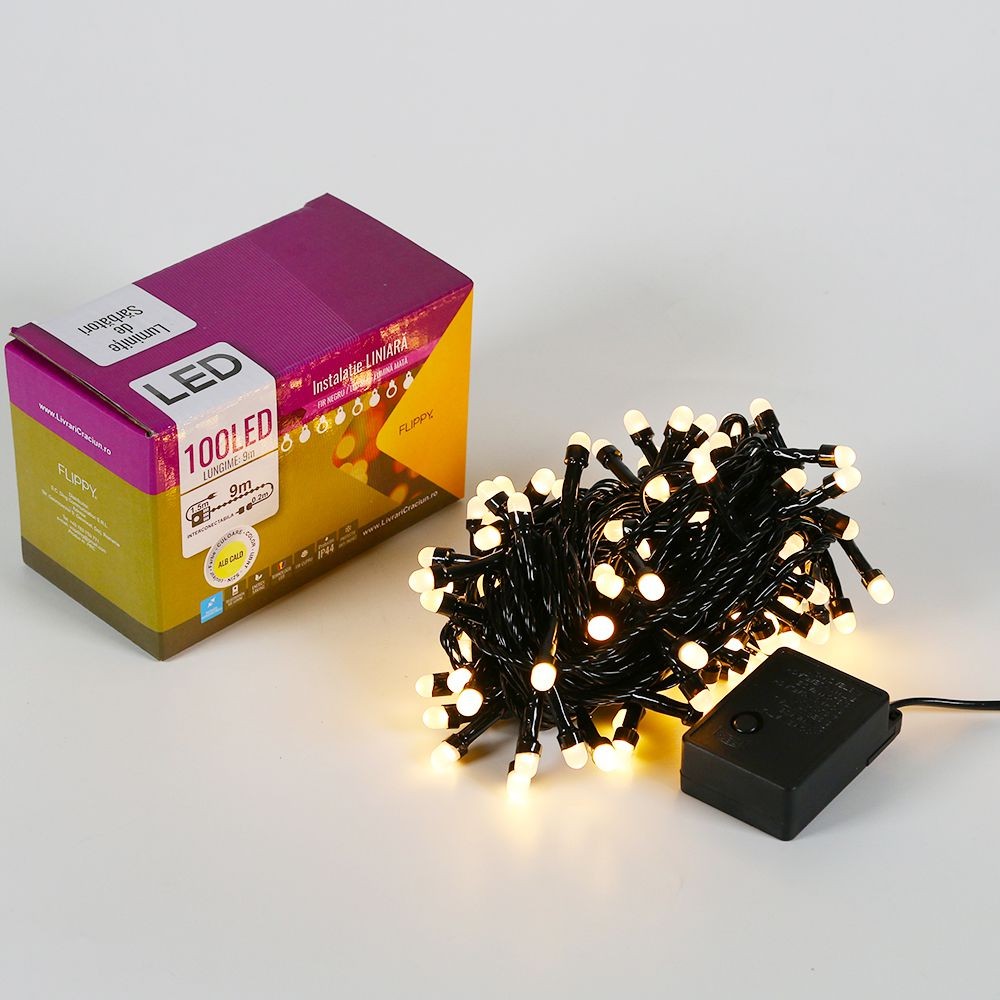 Instalatie de Craciun Flippy® Tip Liniara, Fir Negru, 9 m, 100 LED-uri Mari Rotunde, Interconectabila, Alb Cald