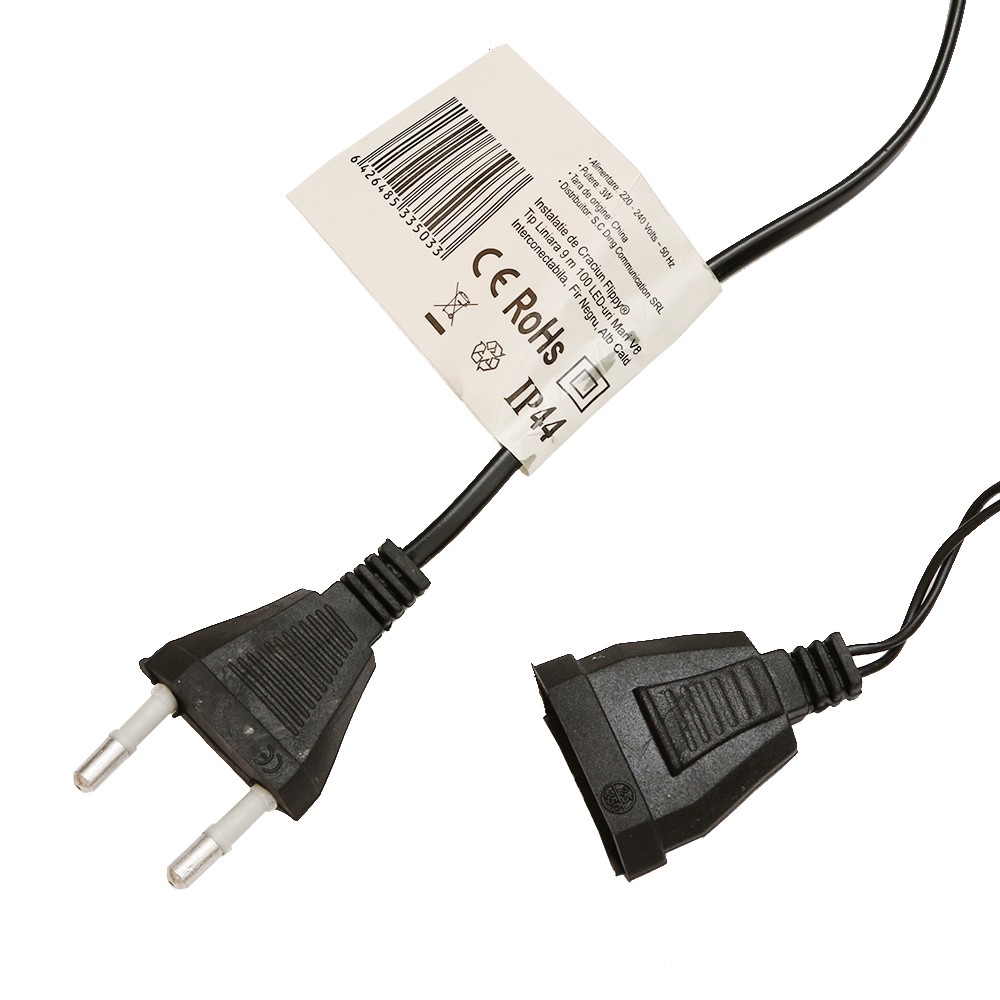 Instalatie de Craciun Flippy® Tip Liniara, Fir Negru, 9 m, 100 LED-uri Mari Rotunde, Interconectabila, Alb Cald
