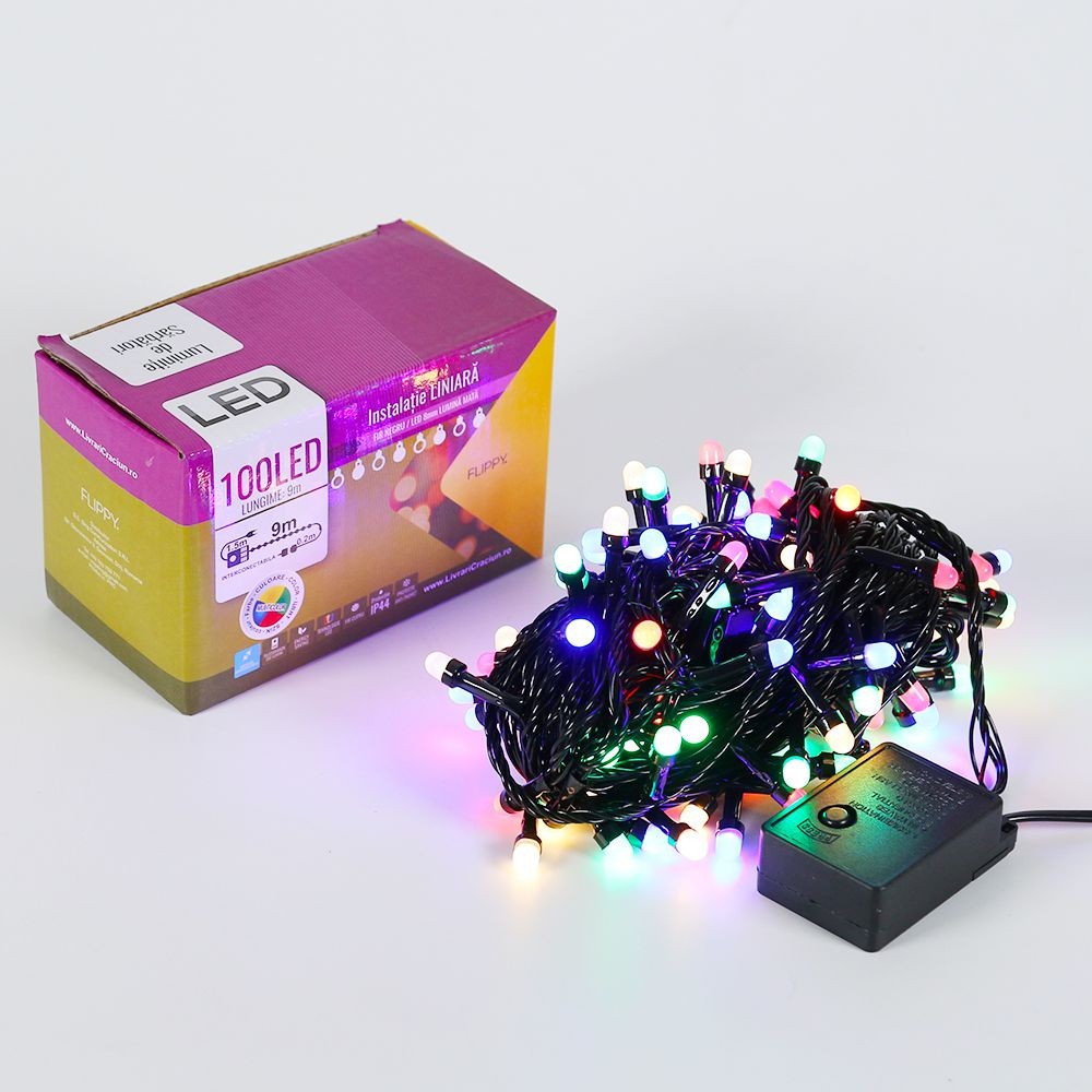Instalatie de Craciun Flippy® Tip Liniara, Fir Negru, 9 m, 100 LED-uri Mari Rotunde, Interconectabila, Multicolor