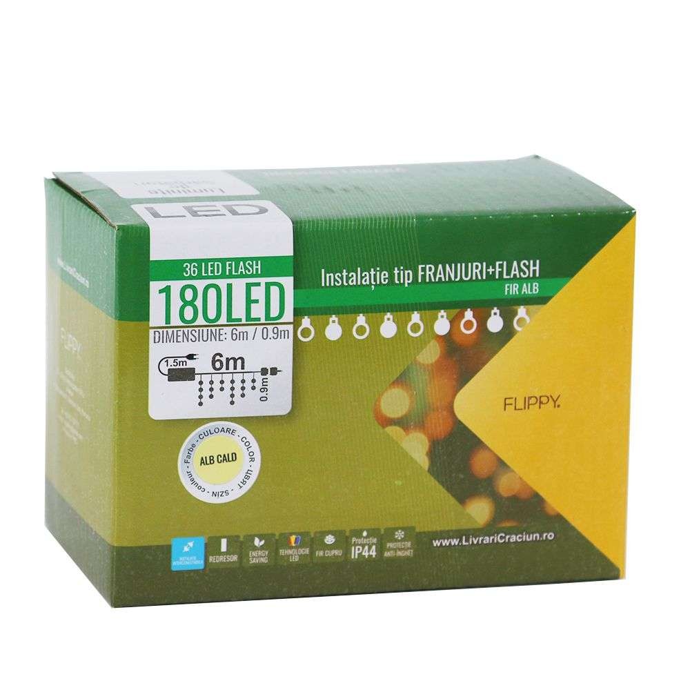 Instalatie de Craciun, Basic Flippy®, Tip Turturi / Franjuri cu Flash, 6 m, 180 LED-uri, Interconectabila, Alb Cald