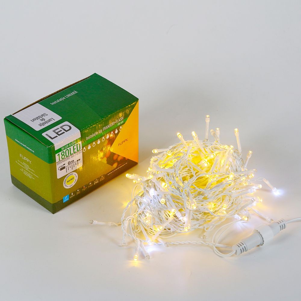 Instalatie de Craciun, Basic Flippy®, Tip Turturi / Franjuri cu Flash, 6 m, 180 LED-uri, Interconectabila, Alb Cald
