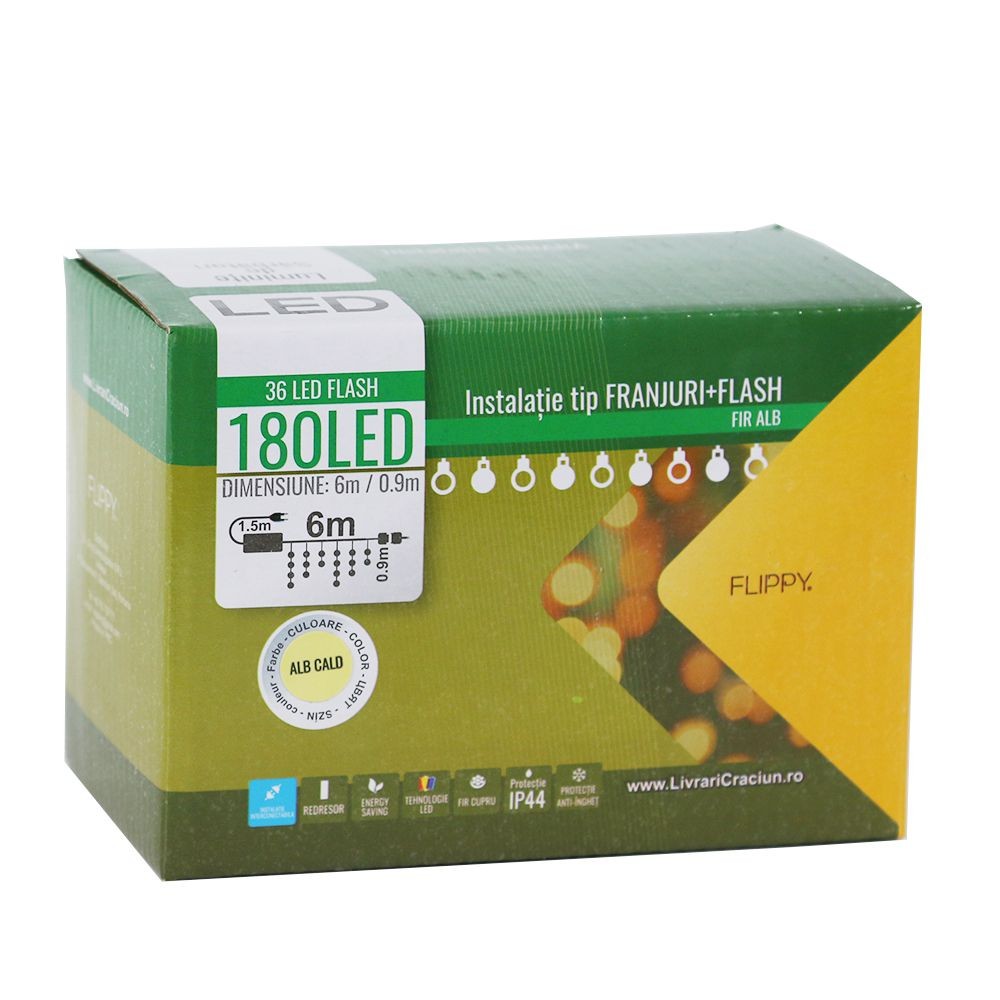 Instalatie de Craciun, Basic Flippy®, Tip Turturi / Franjuri cu Flash, 6 m, 180 LED-uri, Interconectabila, Alb Cald