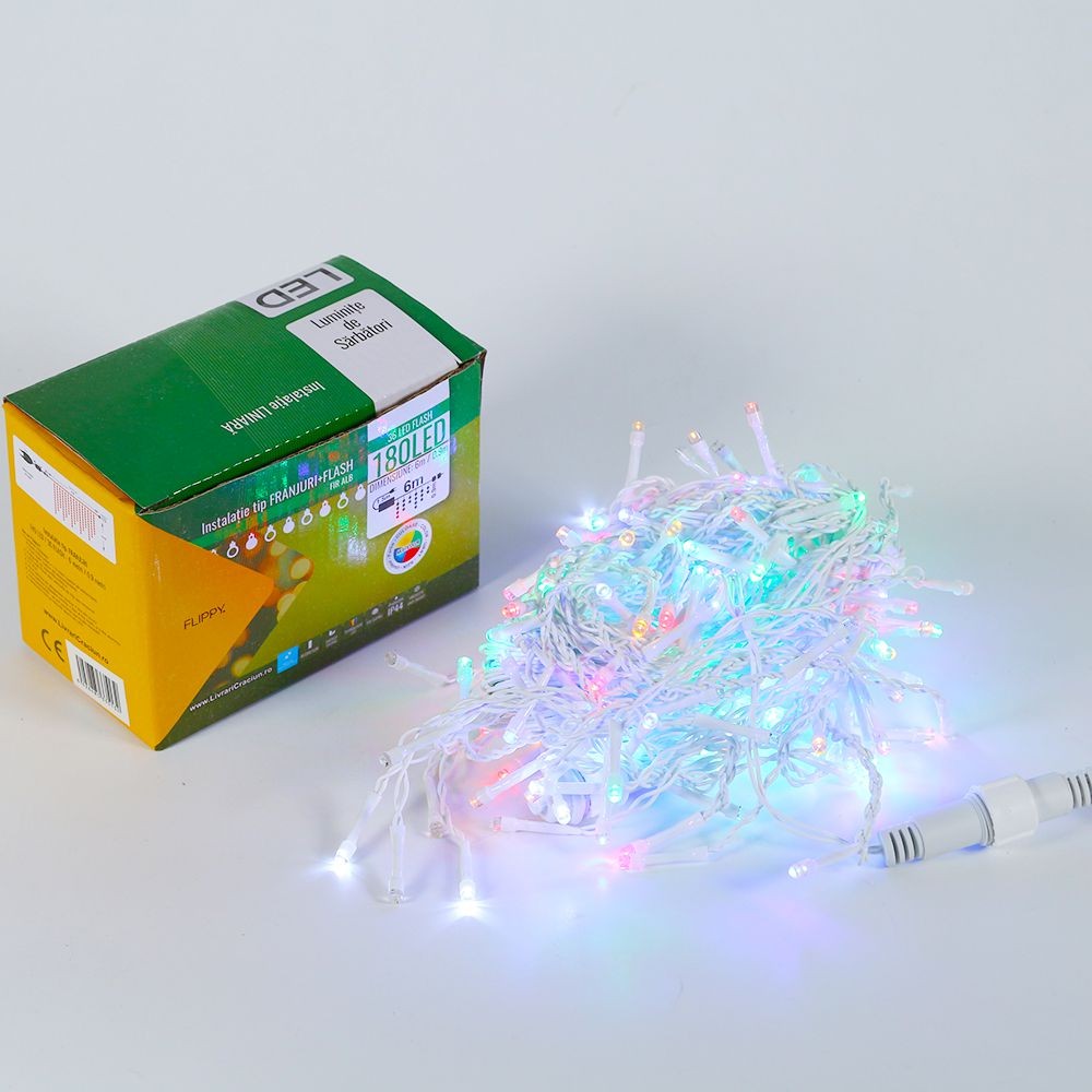Instalatie de Craciun, Basic Flippy® Tip Turturi / Franjuri cu Flash, 6 m, 180 LED-uri, Interconectabila, Multicolor