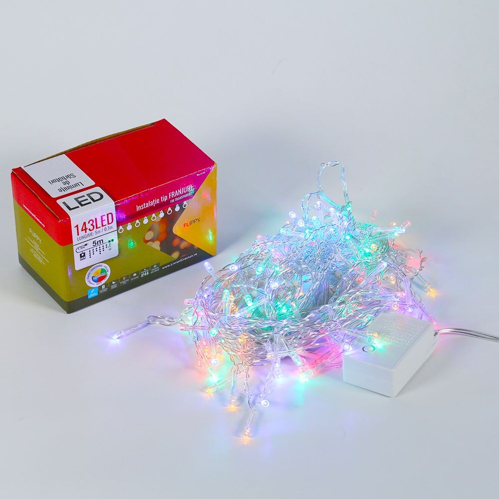 Instalatie de Craciun, Flippy®, Tip Franjuri, 5 m, 143 LED-uri, Interconectabila, Multicolor
