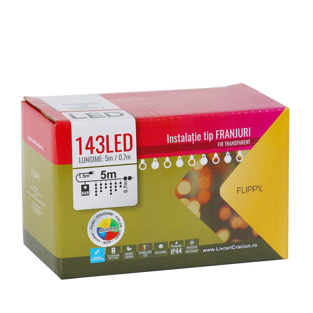 Instalatie de Craciun, Flippy®, Tip Franjuri, 5 m, 143 LED-uri, Interconectabila, Multicolor