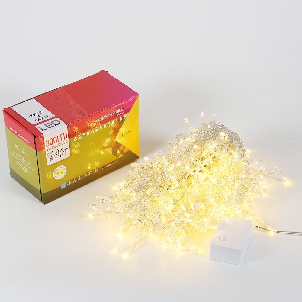 Instalatie de Craciun Flippy® Tip Franjuri, 12 m, 300 LED-uri, Interconectabila, Alb Cald