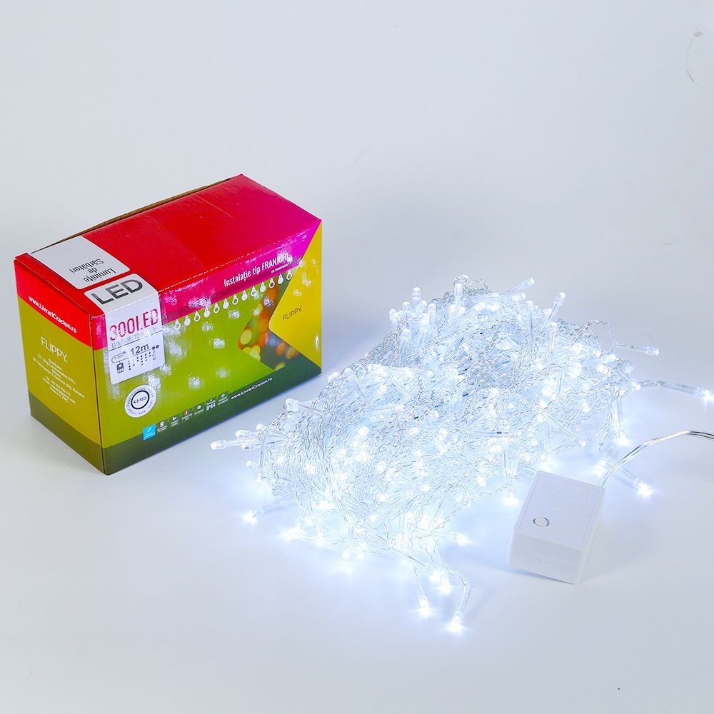 Instalatie de Craciun Flippy® Tip Franjuri, 12 m, 300 LED-uri, Interconectabila, Alb Rece