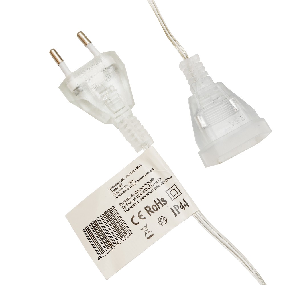 Instalatie de Craciun Flippy® Tip Franjuri, 12 m, 300 LED-uri, Interconectabila, Alb Rece