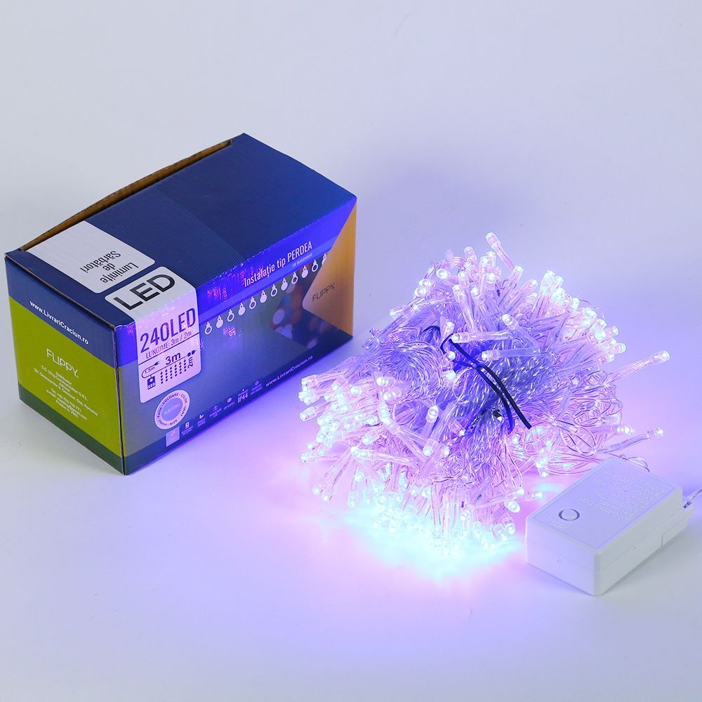 Instalatie de Craciun Flippy® Tip Perdea, 3 x 2 m, 240 LED-uri, Interconectabila, Albastru
