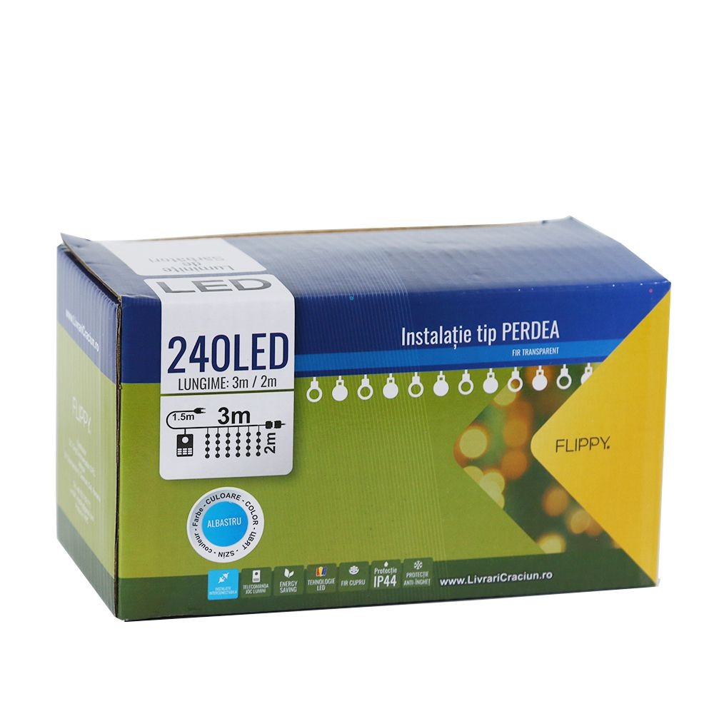 Instalatie de Craciun Flippy® Tip Perdea, 3 x 2 m, 240 LED-uri, Interconectabila, Albastru