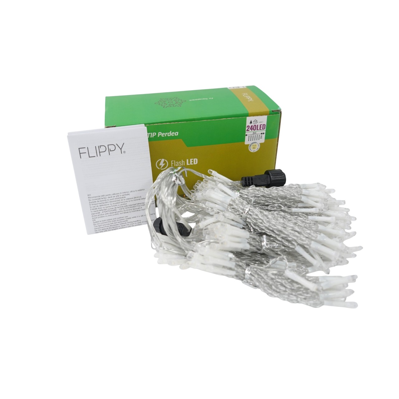 Sectiune Instalatie de Craciun , Tip Perdea, cu Flash ,2 X 2 m, 240 LED-uri, Interconectabila, Fir Transparent, Alb Cald 2