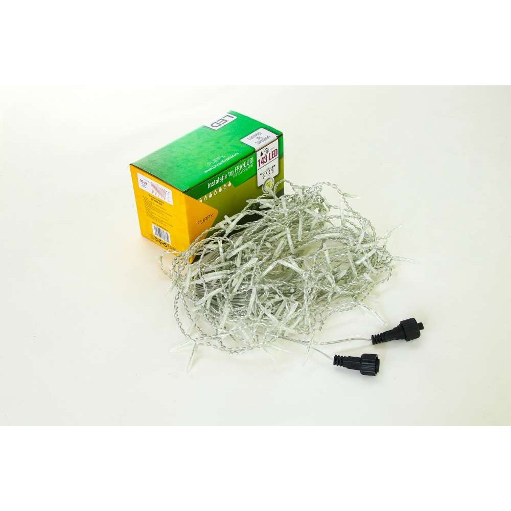 Instalatie de Craciun Flippy® Tip Franjuri, 8 jocuri de lumini cu transformator, 30 m, 858 LED-uri, Interconectabila, Fir Transparent, Alb Cald