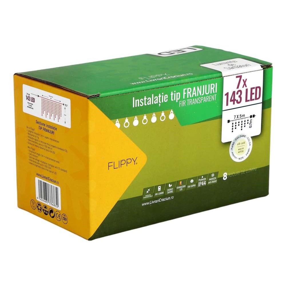 Instalatie de Craciun Flippy® Tip Franjuri, 8 jocuri de lumini cu transformator, 35 m, 1001 LED-uri, Interconectabila, Fir Transparent, Alb Cald