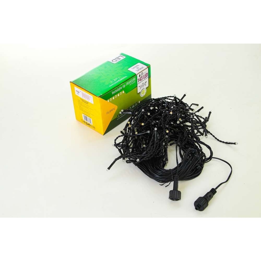Instalatie de Craciun Flippy® Tip Franjuri, 8 jocuri de lumini cu transformator, 5 m, 143 LED-uri, Interconectabila, Fir Negru, Alb Cald