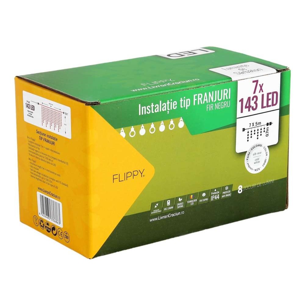 Instalatie de Craciun Flippy® Tip Franjuri, 8 jocuri de lumini cu transformator, 35 m, 1001 LED-uri, Interconectabila, Fir Negru, Alb Rece