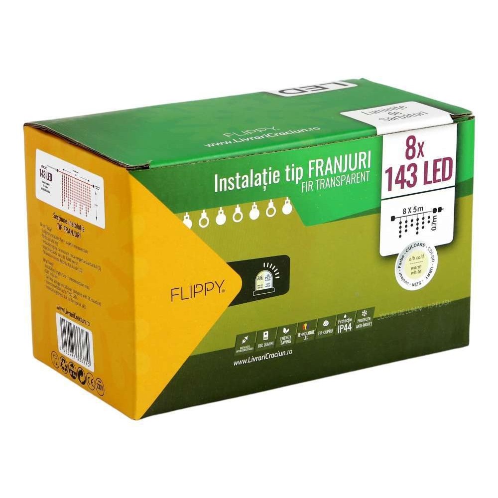 Instalatie de Craciun Flippy® Tip Franjuri, Flash, cu transformator, 40 m, 1144 LED-uri, Interconectabila, Fir Transparent, Alb Cald