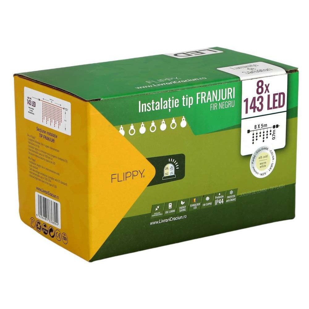 Instalatie de Craciun Flippy® Tip Franjuri, Flash, cu transformator, 40 m, 1144 LED-uri, Interconectabila, Fir Negru, Alb Cald