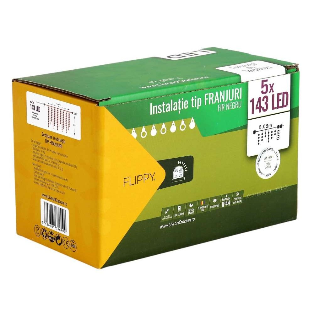 Instalatie de Craciun Flippy® Tip Franjuri, Flash, cu transformator, 25 m, 715 LED-uri, Interconectabila, Fir Negru, Alb Rece