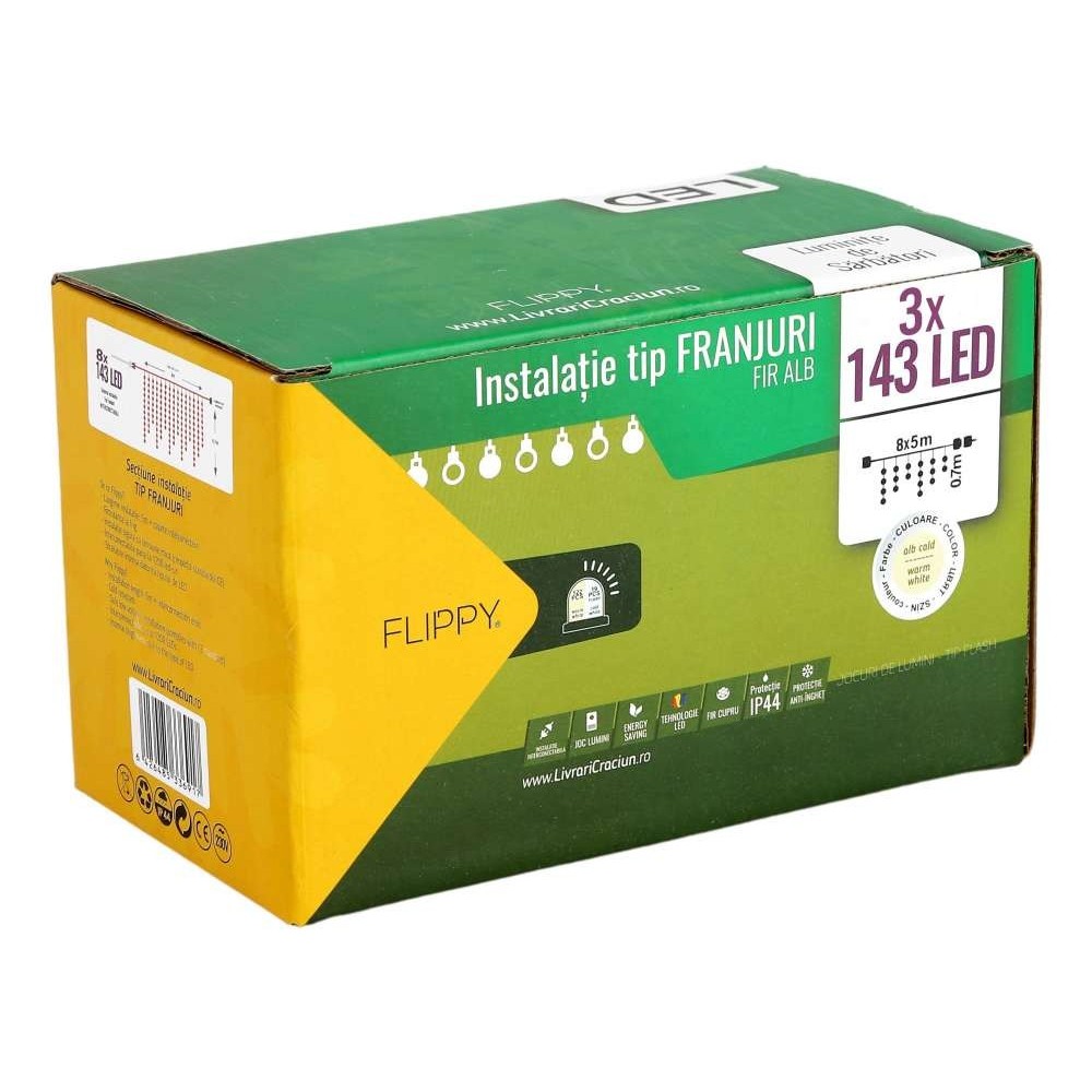 Instalatie de Craciun Flippy® Tip Franjuri, Flash, cu transformator, 15 m, 429 LED-uri, Interconectabila, Fir Alb, Alb Cald