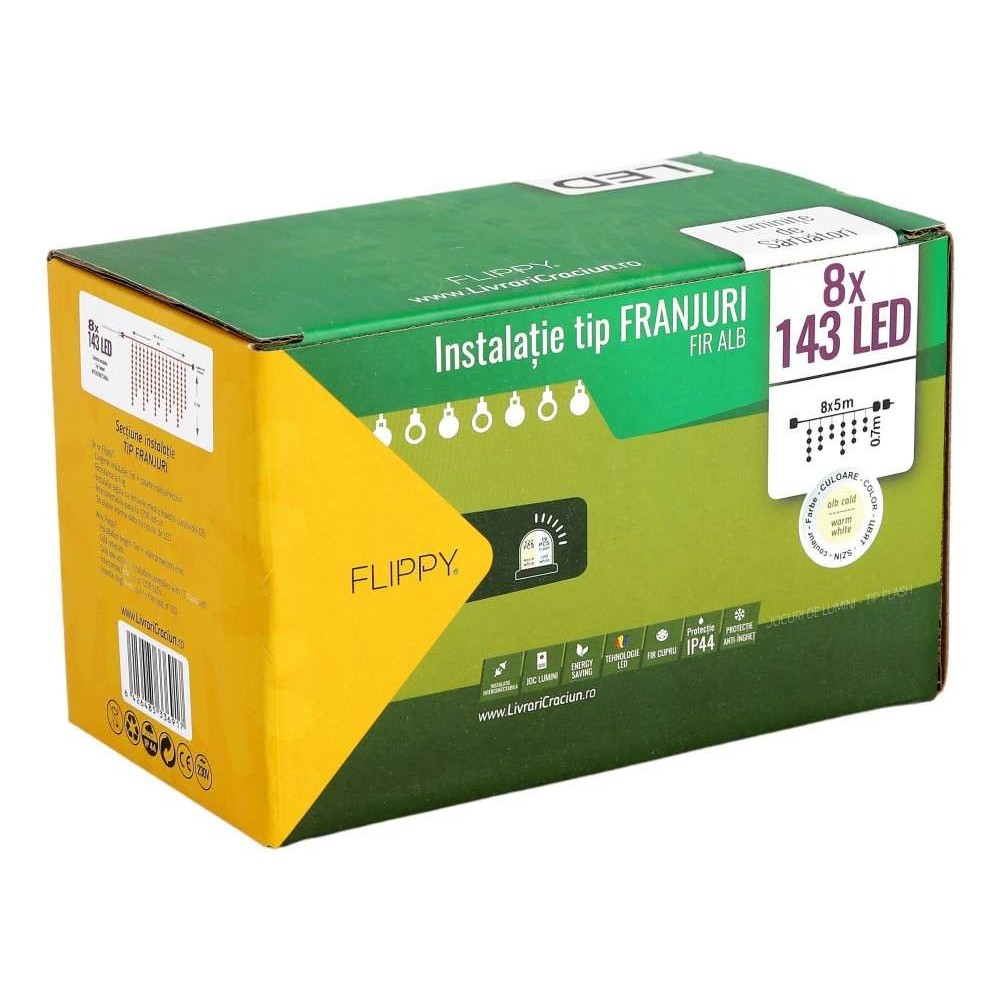 Instalatie de Craciun Flippy® Tip Franjuri, Flash, cu transformator, 40 m, 1144 LED-uri, Interconectabila, Fir Alb, Alb Cald