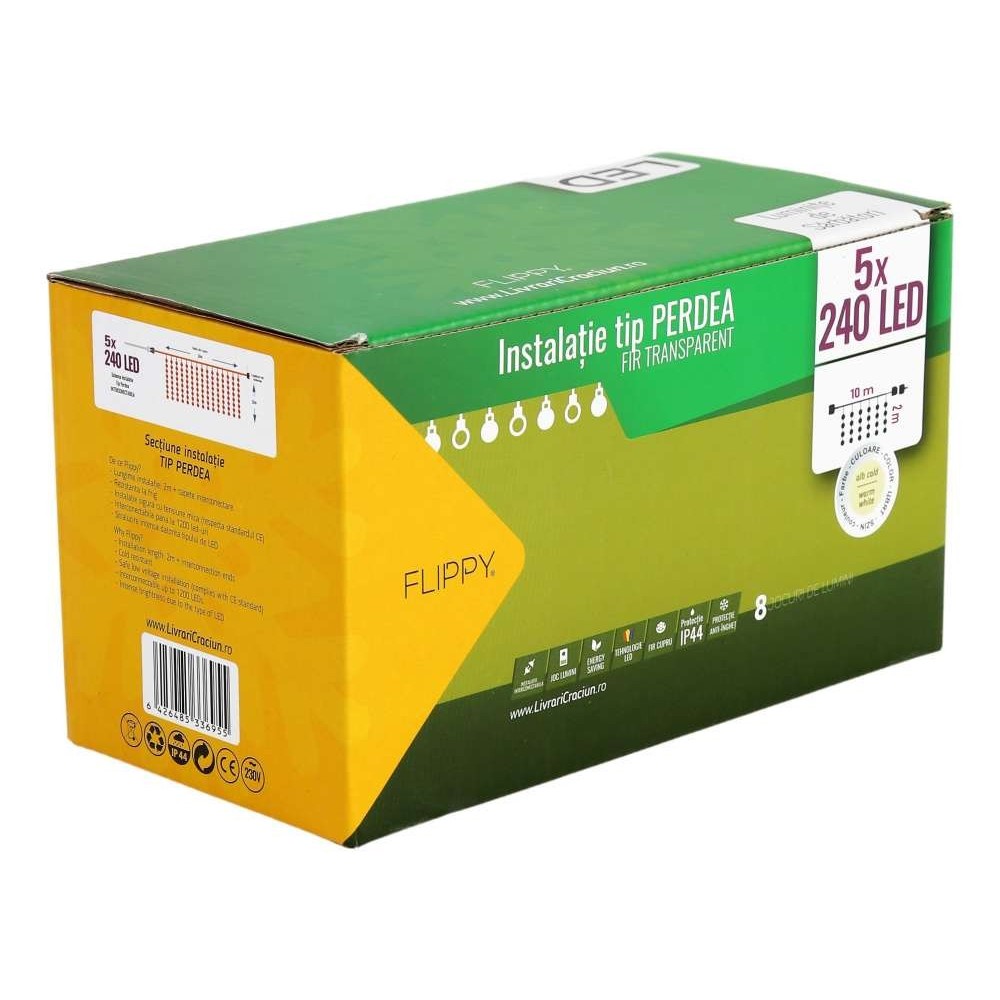 Instalatie de Craciun Flippy® Tip Perdea, 8 jocuri de lumini cu transformator, 10m x 2m, 1200 LED-uri, Interconectabila, Fir Transparent, Alb Cald