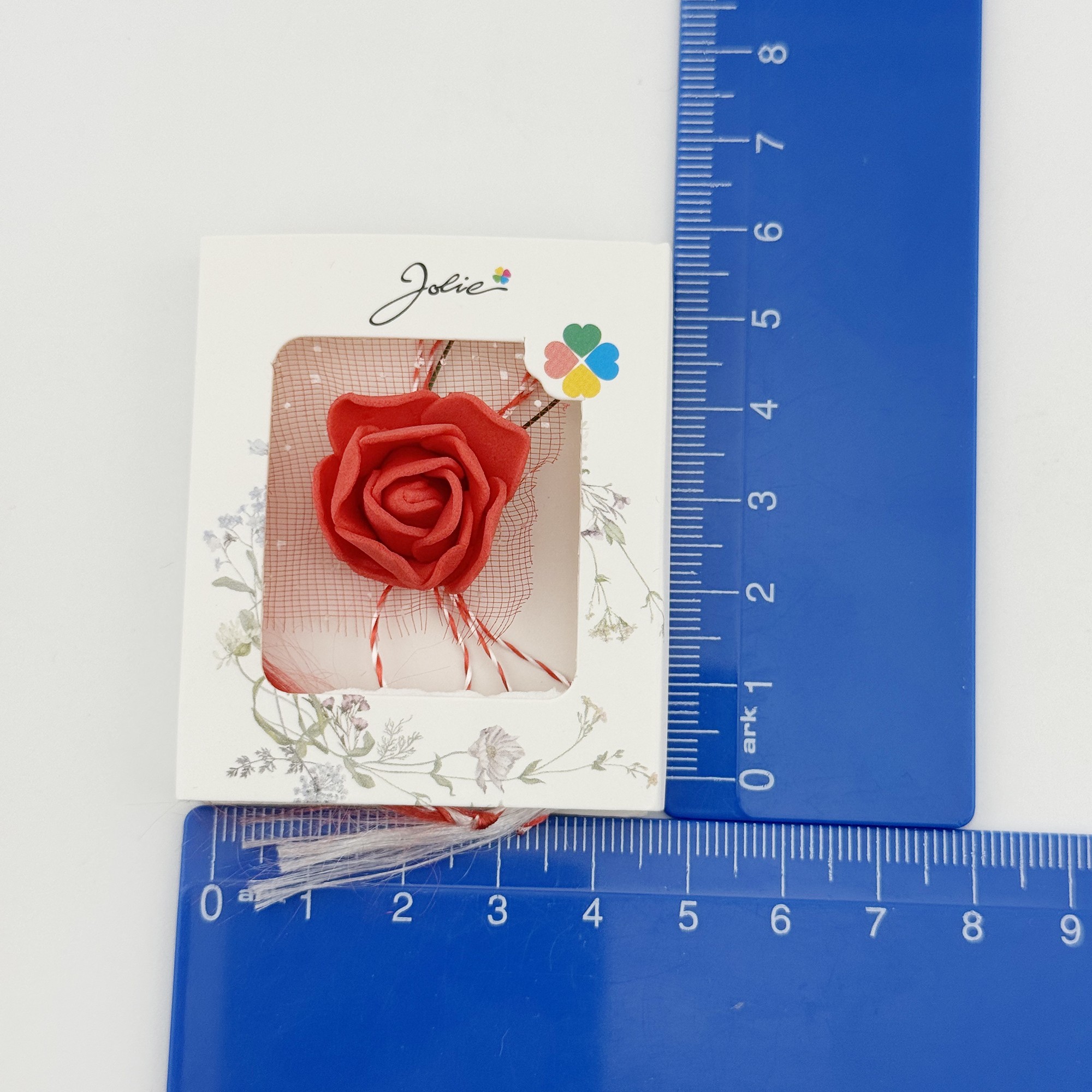 Martisor Motiv Floral, Jolie, Model Trandafir, cu Snur Alb/Rosu, 9 x 5 cm, Rosu