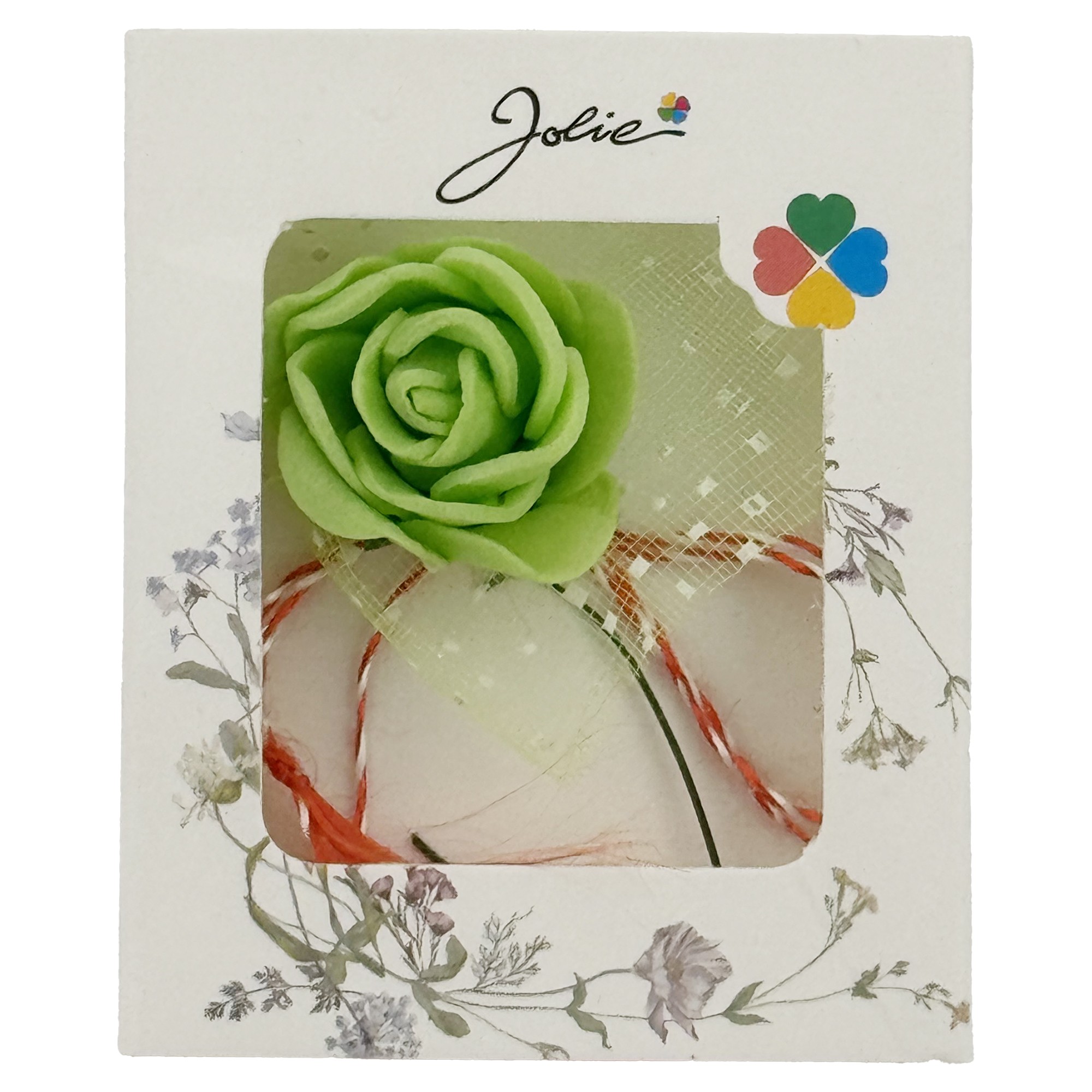 Martisor Motiv Floral, Jolie, Model Trandafir, cu Snur Alb/Rosu, 9 x 5 cm, Verde deschis