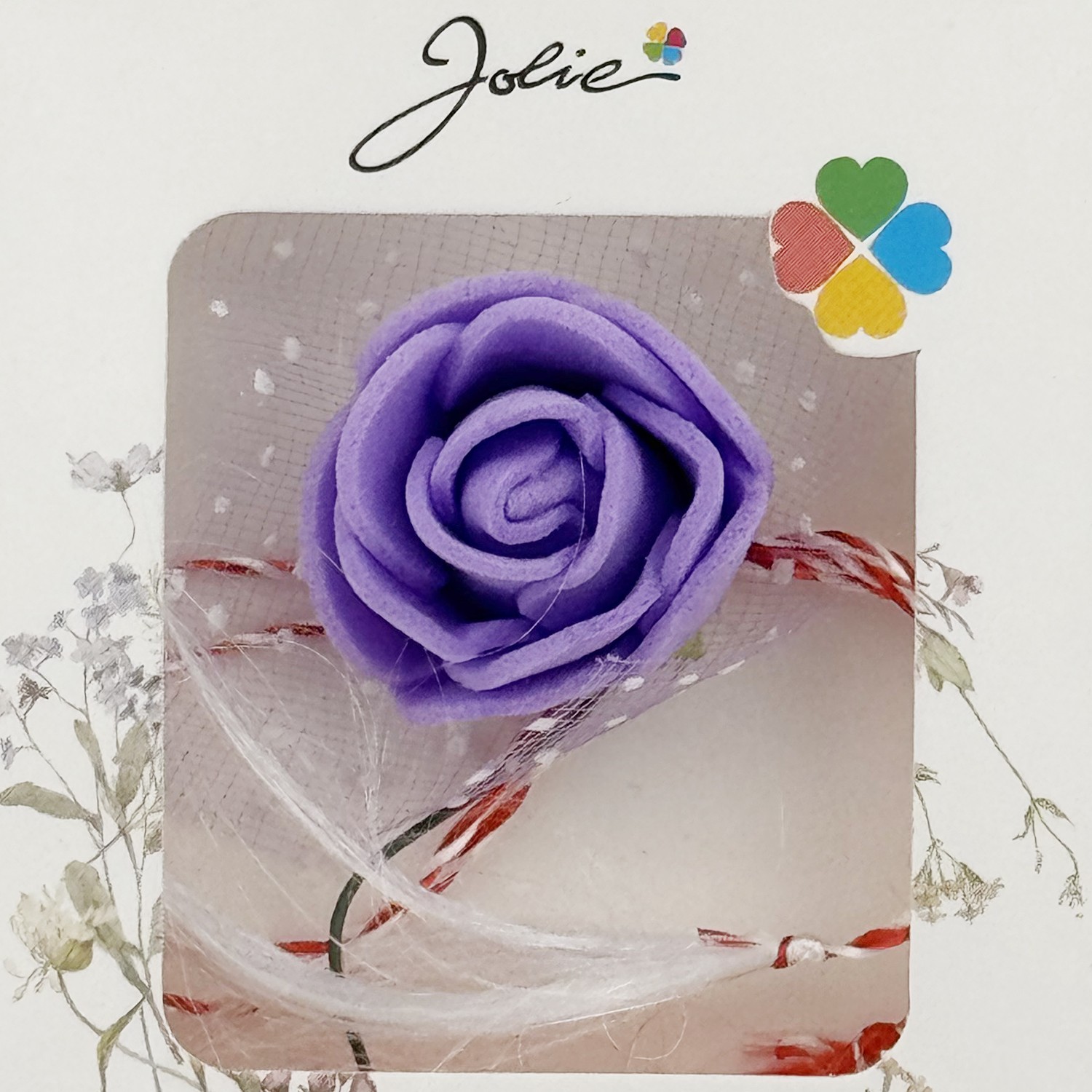 Martisor Motiv Floral, Jolie, Model Trandafir, cu Snur Alb/Rosu, 9 x 5 cm, Mov