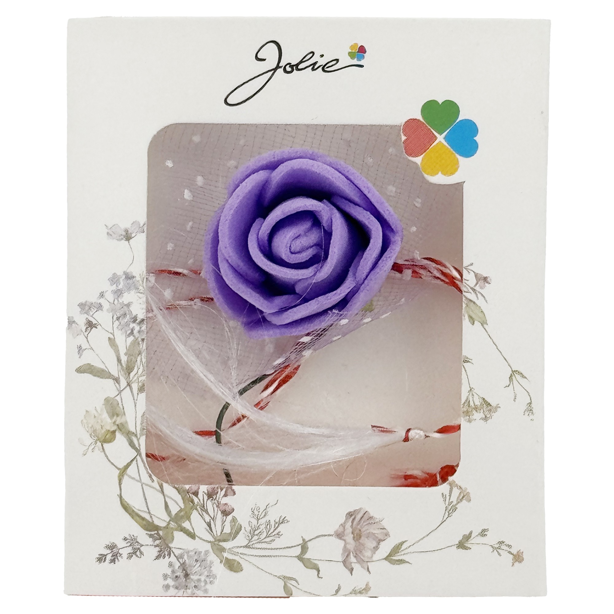 Martisor Motiv Floral, Jolie, Model Trandafir, cu Snur Alb/Rosu, 9 x 5 cm, Mov