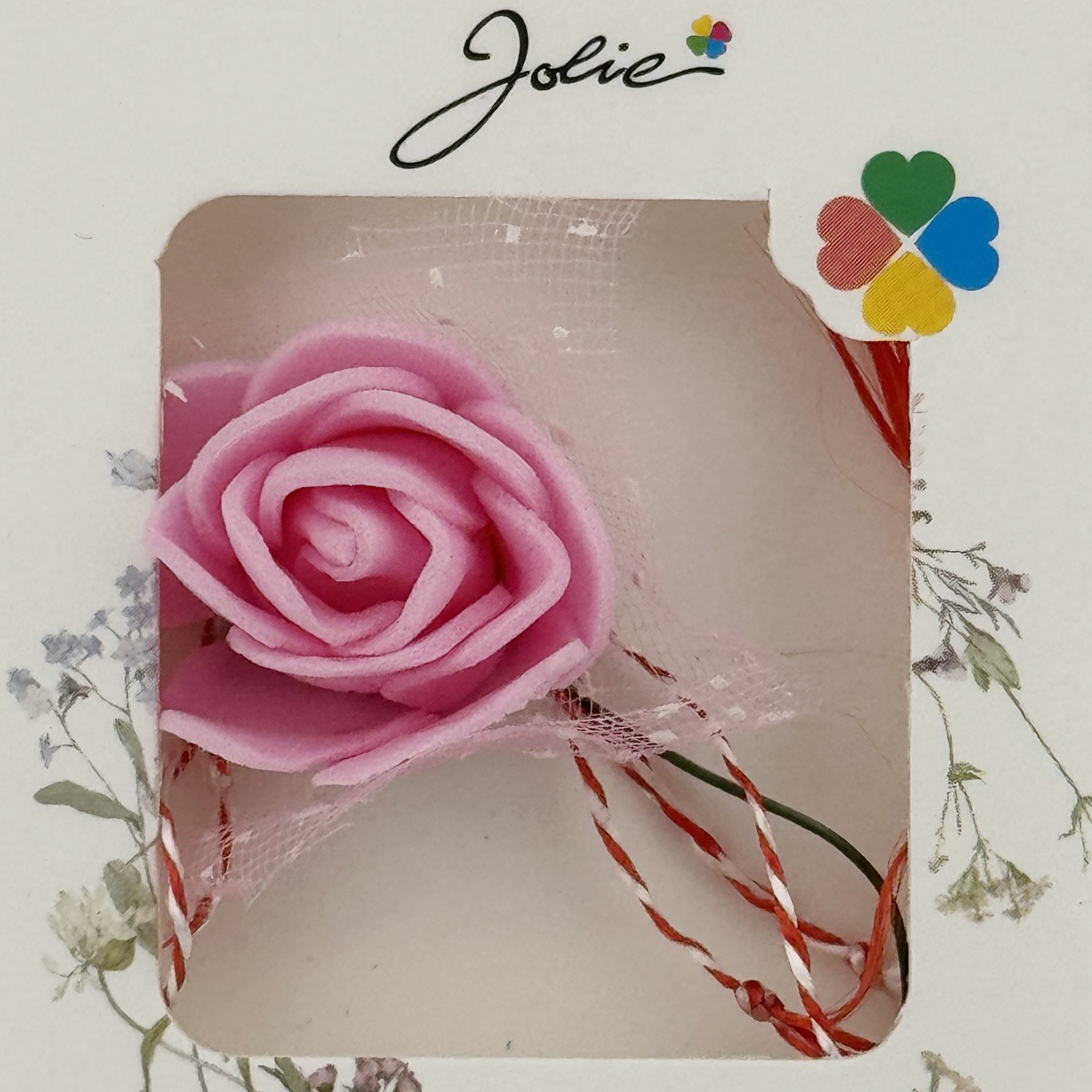 Martisor Motiv Floral, Jolie, Model Trandafir, cu Snur Alb/Rosu, 9 x 5 cm, Roz