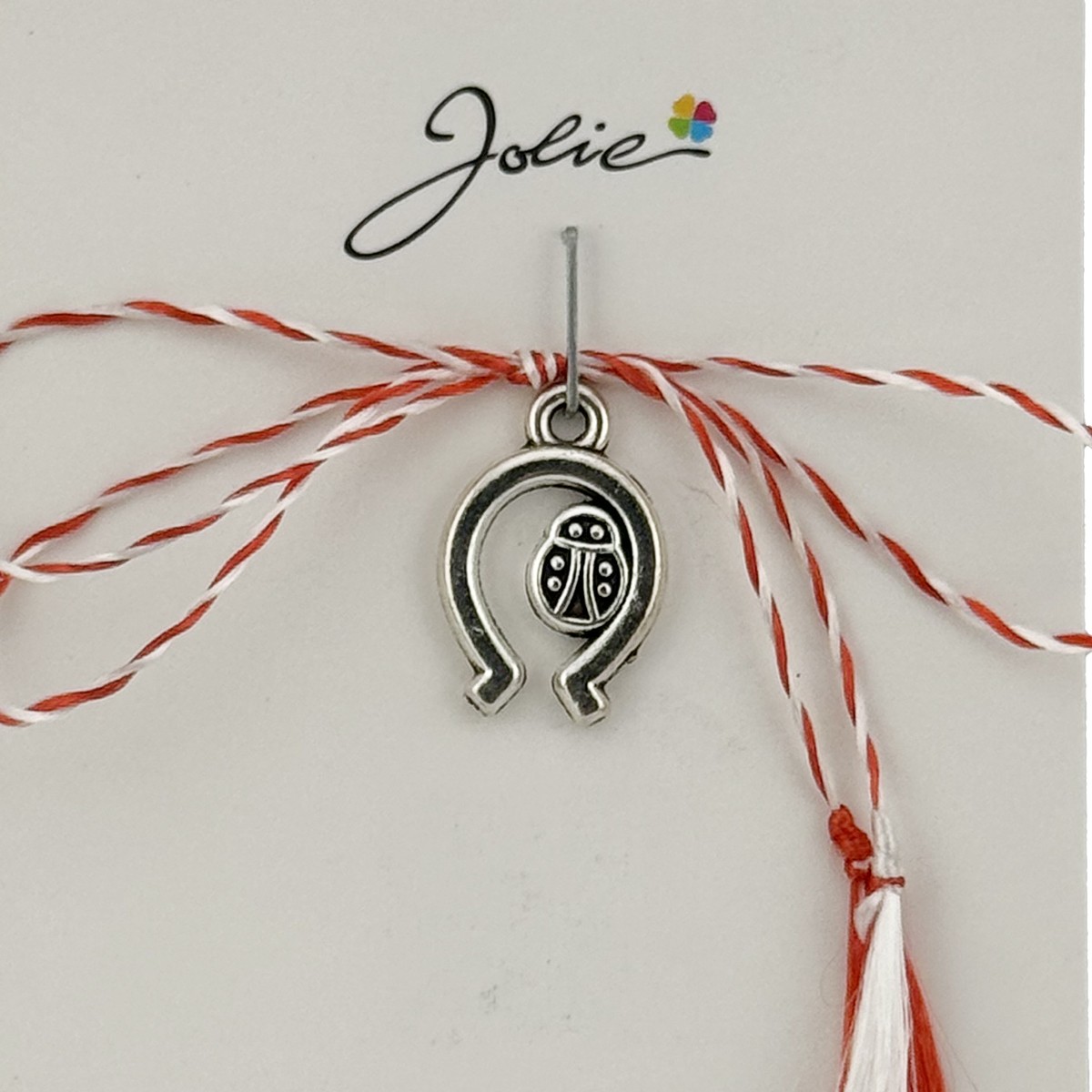 Martisor Traditional, Jolie, Model Potcoava, cu Snur Alb/Rosu, 5.5cm x 8.5cm, Argintiu