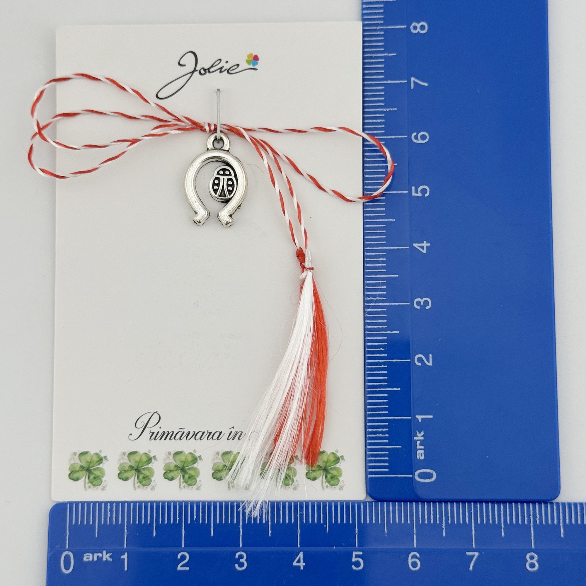 Martisor Traditional, Jolie, Model Potcoava, cu Snur Alb/Rosu, 5.5cm x 8.5cm, Argintiu