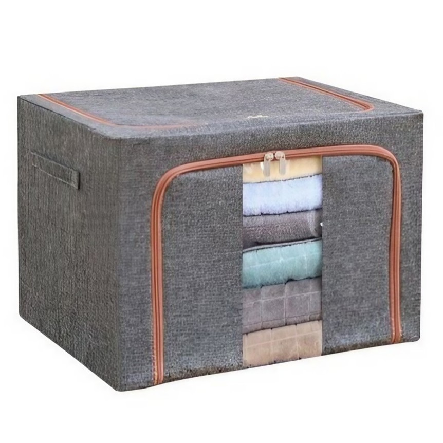 Cutie de Depozitare Pliabila, Flippy, 24 L, din Bumbac si In, 40x30x20 cm, Fereastra Frontala, 2 Usi de Acces cu Fermoar Bidirectional, Cadru Metalic, Suport Baza Stabil din Plastic, Gri