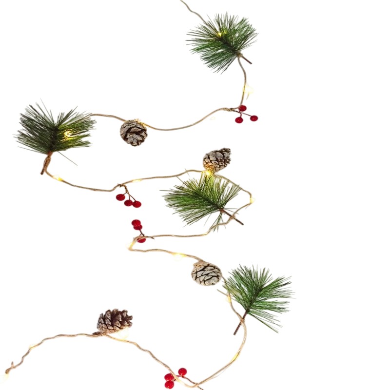 Instalatie Craciun cu baterii, 2 metri, 20 LED-uri tip ace si conuri de pin simple, Alb Cald, Flippy